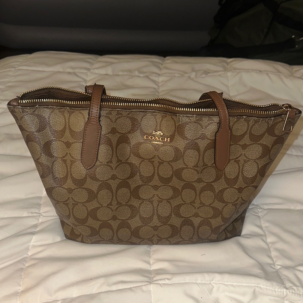 Coach Brown Signature Canvas Tote with Gold Hardware